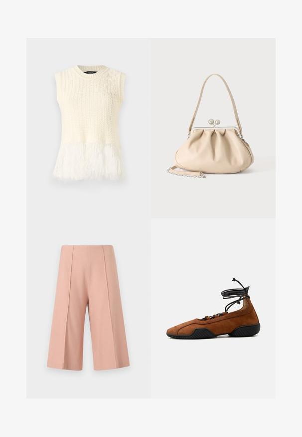 Top de punto sin mangas en color crema, con un cuerpo texturizado y un dobladillo suave y esponjoso. El escote es redondo con detalles de canalé.; AERON PEN - Shorts - mottled pink; Zapatilla de ballet de ante marrón con suela de goma negra y tiras de cordones en el tobillo sobre un fondo blanco.; Bolso de mano de cuero suave beige con cierre de marco metálico plateado, una correa para el hombro y una correa de cadena opcional sobre un fondo blanco.
