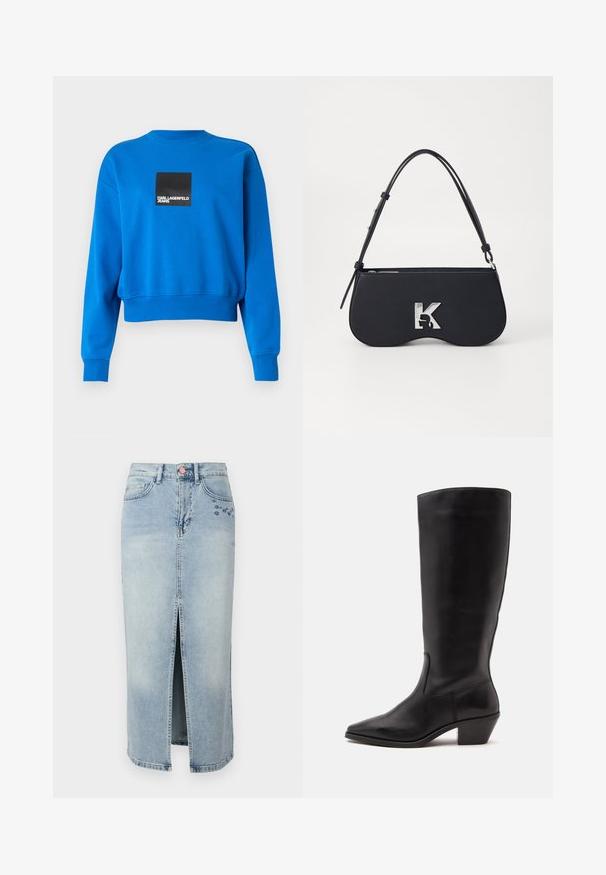 Sudadera azul recortada hecha de tejido suave, con un logo cuadrado negro y texto blanco, y puños y escote de canalé.; Fabienne Chapot CARLYNE SKIRT - Falda vaquera - light blue tinted; Bota de cuero negra hasta la mitad de la pantorrilla con puntera puntiaguda y tacón bajo inclinado sobre un fondo claro y liso.; Bolso negro con forma curva, material texturizado, logotipo plateado y una correa delgada. Cierre superior con cremallera y características de diseño minimalista.