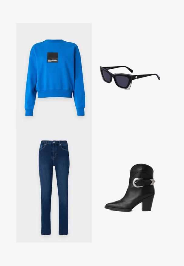 Lühendatud sinine spordijakk pehmest kangast, millel on must ruutlogo valge tekstiga, soonikkoes varrukad ja kaelus.; Tumedat sinised denim püksid slim fit lõikega. Omadusteks on nupuga vöökoht, viis taskut ja minimaalsed õmblustäiustused.; Must mustaanklite saapad, millel on terav nina, paks konts ja lai rihm, millel on küljes ümmargune hõbedane pandla. Sile tekstuur.; Mustad suured mustad prillid geomeetrilise kujuga, tumedate läätsedega ja kontrastse halli detailiga raamidel. Logo käe peal.