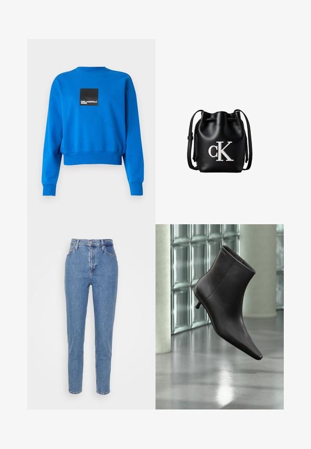 Geknipte blauwe sweatshirt gemaakt van zachte stof, met een zwart vierkant logo met witte tekst, ribgebreide manchetten en een ronde hals.; Blauwe high-waisted straight-leg jeans met een knoop en rits aan de voorkant, riemlussen en zakken, weergegeven op een effen witte achtergrond.; Zwarte leren enkellaars met puntige neus en lage hak, afgebeeld tegen een glazen blokkenmuur en gepolijste vloer op de achtergrond.; Zwarte leren bucketbag met koordsluiting aan de bovenkant en wit "cK" logo aan de voorkant, met een verstelbare schouderband.