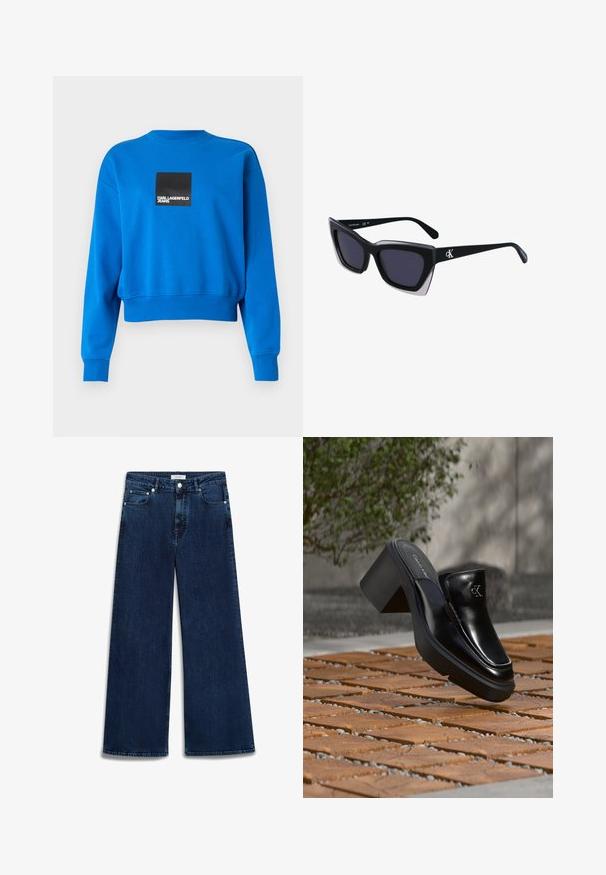 Geknipte blauwe sweatshirt gemaakt van zachte stof, met een zwart vierkant logo met witte tekst, ribgebreide manchetten en een ronde hals.; Luxe-wijd denim jeans in donkerblauw met een licht vervaagde afwerking, vijf zakken, knoopsluiting en riemlussen.; Zwarte leren Calvin Klein slip-on mule met blokhak rustend op houten tegels buiten, vlak bij een groene plant en een grijze muur.; Zwarte oversized zonnebril met een geometrische vorm, voorzien van donkere glazen en een contrasterend grijs detail op het montuur. Logo op de arm.