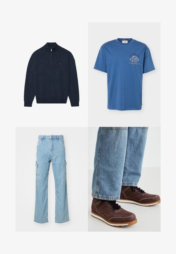 Mørkeblå striktrøje med halv-zip krave, ribbede ærmer og et lille rødt logo på brystet. Blød tekstur og tætsiddende design.; Blå t-shirt med korte ærmer og rund halsudskæring, med teksten "Scotch & Soda Amsterdam" og et blomsterdesign øverst til venstre på brystet.; Lysblå denim cargo bukser med brede ben, der har to sidelommer og en klassisk knaplukning. Struktureret stof med en worn finish.; Brune lædersko med sorte snørebånd, hvid syning og gummisål. Bæres sammen med lyseblå denim jeans i en let løs pasform.