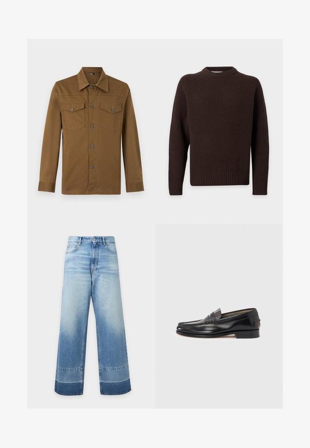 Pull en maille à manches longues marron foncé avec texture côtelée, col rond et poignets ajustés, présenté sur un fond clair uni.; Chemise marron à manches longues avec col pointu et deux poches poitrine boutonnées, présentée sur fond clair uni.; Jean en denim bleu clair à coupe large avec des détails délavés et des blocs de couleur plus foncés près de l'ourlet, bouton devant et poches visibles.; Mocassins en cuir noir avec un design de style mocassin, présentant une bande décorative et un détail de couture sur le dessus. Talon bloc bas.