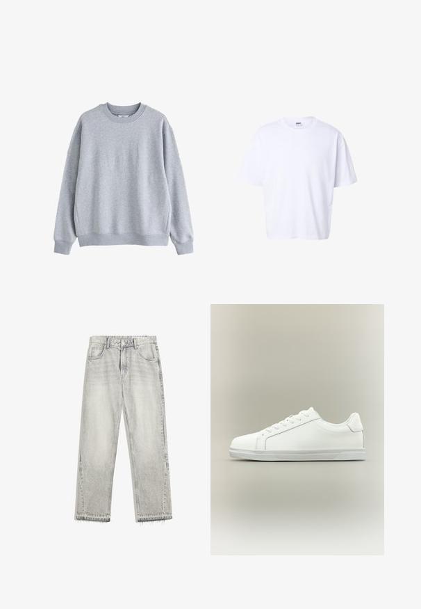 Hellgraues Sweatshirt mit Rundhalsausschnitt, langen Ärmeln und gerippten Bündchen und Saum, auf weißem Hintergrund dargestellt.; Schlichtes weißes Baumwoll-T-Shirt mit kurzen Ärmeln, Rundhalsausschnitt, lockerem Schnitt und Urban Classic Markenetikett im Krageninneren.; Hellgraue Jeans aus Denim mit leicht gefärbtem Finish, geradem Schnitt, fünf Taschen-Design und ausgefranstem Saum. Flacher Bund mit Gürtelschlaufen.; Weißer Sneaker mit niedrigem Schaft, Schnürung vorne und strukturierter Gummisohle vor einfachem neutralem Hintergrund.
