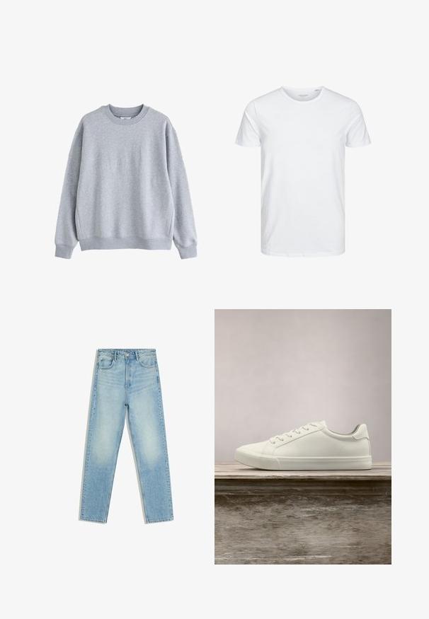 Lysegrå sweatshirt med rund halsudskæring, lange ærmer og ribkant ved ærmer og bund, vist på hvid baggrund.; Rundhals kortærmet t-shirt i ensfarvet hvid, lavet af blød bomuld, har et simpelt design uden synlige mønstre eller detaljer.; Lyseblå jeans med høj talje, lige ben, for- og baglommer og knaplukning på hvid baggrund.; Hvide snørresneakers svævende over en træbænk med grønne planter i baggrunden, der fremhæver skodesign og tekstur.