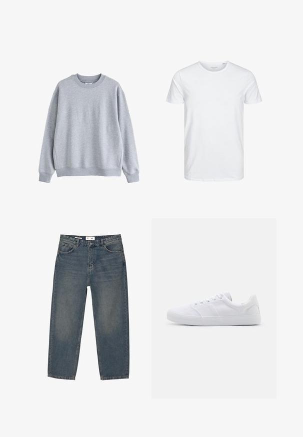 Lysegrå sweatshirt med rund halsudskæring, lange ærmer og ribkant ved ærmer og bund, vist på hvid baggrund.; Rundhals kortærmet t-shirt i ensfarvet hvid, lavet af blød bomuld, har et simpelt design uden synlige mønstre eller detaljer.; Blå denimjeans med en løs pasform, der har et klassisk fem-lomme design og minimal falming. Inkluderer en knaplukning og bæltestropper.; Hvide lærreds sneakers med gummisål, der har seks snørehuller, en struktureret tåkap og et minimalistisk design.