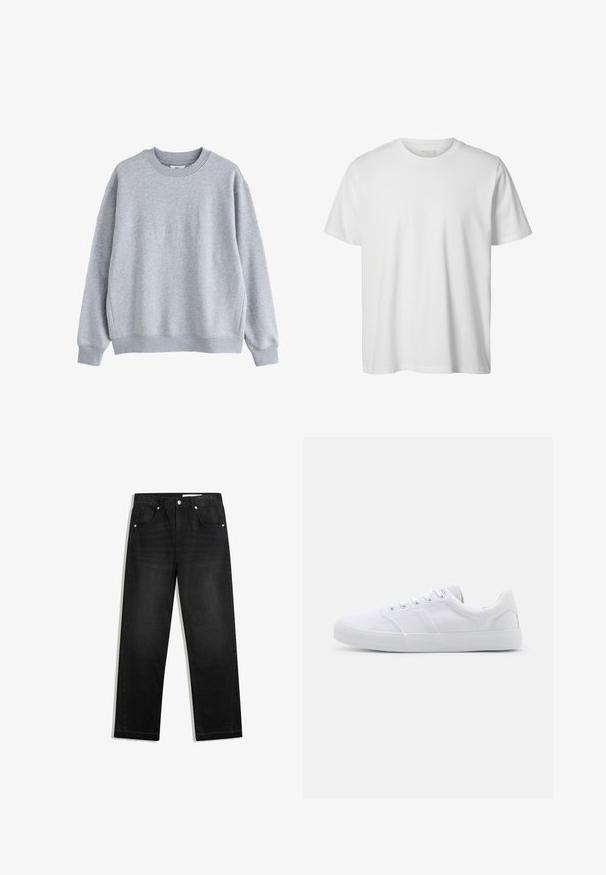 Lichtgrijze sweatshirt met ronde hals, lange mouwen en geribde boorden en zoom, afgebeeld op een witte achtergrond.; Eenvoudig wit T-shirt met korte mouwen en ronde hals, losse pasvorm en zonder zichtbare logo's of ontwerpen aan de voorkant.; Zwarte spijkerbroek van denim met een rechte pijp, vijf zakken, contrasterende details en een onafgewerkte zoom onderaan.; Witte canvas sneakers met een rubberen zool, voorzien van zes oogjes, een gestructureerde neuskap en een minimalistisch ontwerp.