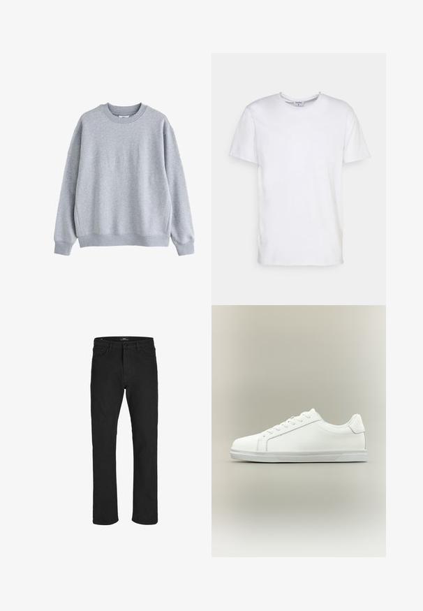 Lysegrå sweatshirt med rund halsudskæring, lange ærmer og ribkant ved ærmer og bund, vist på hvid baggrund.; Hvid kortærmet t-shirt lavet af bomuld. Har en rund halsudskæring og en afslappet pasform uden synlige mønstre eller detaljer.; R.D.D. ROYAL DENIM DIVISION Regular fit RDD Royal Selvedge RE 330 Relaxed - Jeans Straight Leg - black denim; Lavtop hvid sneaker med snørelukning foran og tekstureret gummisål mod en ensartet neutral baggrund.