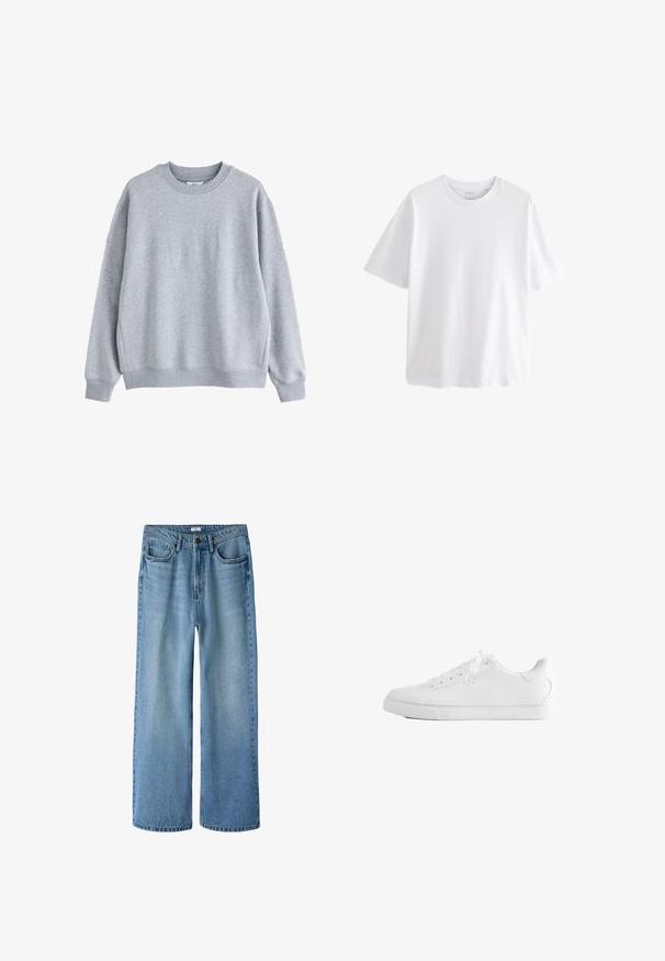 Lysegrå sweatshirt med rund halsudskæring, lange ærmer og ribkant ved ærmer og bund, vist på hvid baggrund.; Simpel hvid T-shirt med korte ærmer og rund hals med en afslappet pasform på hvid baggrund.; Lyseblå jeans med høj talje og vide ben, med forlommer, bæltestropper, knaplukning og diskrete falmede detaljer.; Hvid lavtop sneakers med snørebånd, glat læderoverdel og flad gummiå sole set fra siden på en hvid baggrund.