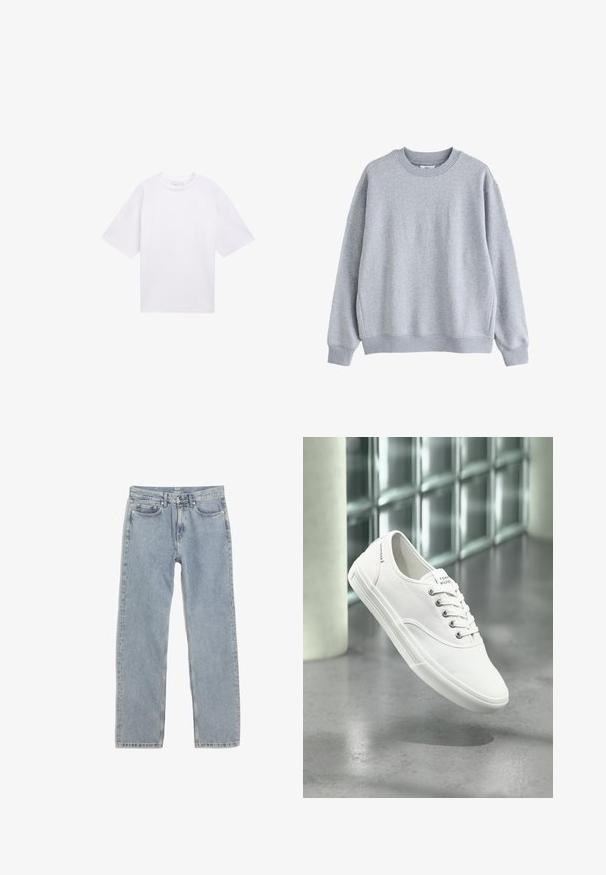 Sudadera gris claro con cuello redondo, mangas largas y puños y bajo acanalados, mostrada sobre fondo blanco.; Camiseta blanca de manga corta hecha de algodón. Corte relajado con cuello redondo. Textura suave y sin patrones o acentos visibles.; Jeans rectos de mezclilla azul claro, con cinco bolsillos, costuras doradas y una cintura con trabillas para cinturón.; Zapatilla blanca de lona baja con cordones, etiquetada como Tommy Hilfiger, mostrada flotando sobre un suelo gris liso cerca de una pared de bloques de vidrio.
