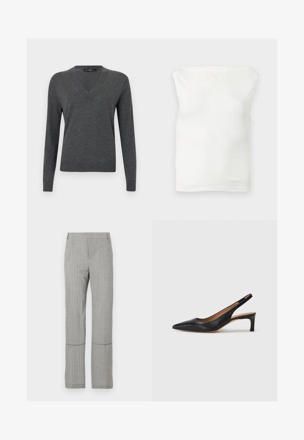 Tummanharmaa pitkähihainen V-kaula-aukkoinen villapaita, jossa on joustinneulotut hihansuut, helma ja kaula-aukko, esitetty valkoisella taustalla.; Valkoinen, olkaimeton ja vartalonmyötäinen toppi, jossa on suora pääntie ja sileä kangas, esillä vaalealla taustalla.; Vaaleanharmaat ohuet raidalliset housut, joissa etutaskut ja vaakasuora saumalista polvien yläpuolella, valkoista taustaa vasten esiteltynä.; Mustat nahkaiset slingback-korkokengät, joissa on terävä kärki, matala korko ja sileä pinta. Varustettu ohuella säädettävällä hihnalla turvallisen istuvuuden takaamiseksi.
