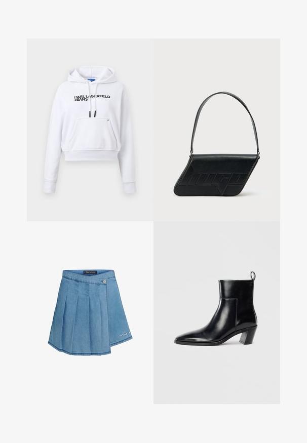 Biely krátky mikina s kapucňou s predným vreckom, čiernymi sťahovacími šnúrkami a logom "KARL LAGERFELD JEANS" cez hruď.; Džínová sukňa v svetlomodrej farbe s plisovaným dizajnom, kovovým zapínaním na gombík a vyšitým detailom na spodnom okraji. Hladká textúra a A-línia.; Čierna kožená členková čižma s špicatou špičkou, geometricky tvarovaným podpätkom a pútkom na zadnej strane. Hladká textura a elegantný dizajn.; Čierna kožená taška cez rameno v trojuholníkovom tvare, s vyrazeným logom a jedným nastaviteľným pásikom. Minimalistický dizajn s hladkou textúrou.
