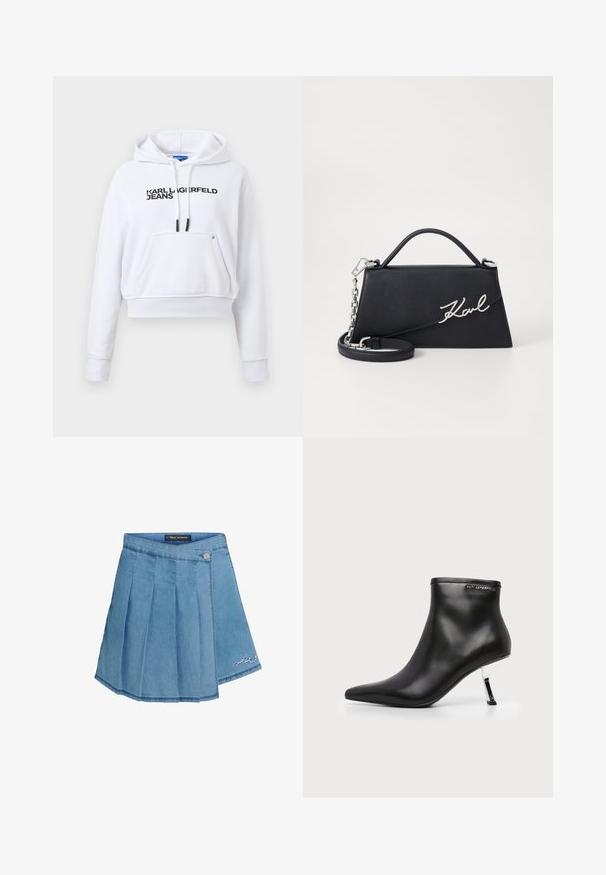 Sudadera blanca recortada con bolsillo frontal, cordones negros y logo "KARL LAGERFELD JEANS" en el pecho.; Falda de mezclilla en azul claro con diseño plisado, cierre de botón metálico y detalle bordado en el dobladillo. Textura suave y forma de línea A.; Botín de cuero negro con puntera puntiaguda y tacón de aguja plateado brillante sobre fondo blanco.; Bolso de mano de cuero negro con forma triangular, detalle del logo "Karl" en plata y cadena desmontable. Textura suave y diseño estructurado.