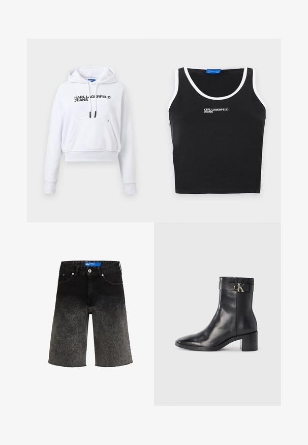Weißes, kurzes Hoodie mit Tasche vorne, schwarzen Kordeln und "KARL LAGERFELD JEANS" Logo auf der Brust.; Schwarzes ärmelloses Crop-Top mit weißem Besatz am Hals und an den Armen, vorne mit dem aufgestickten Schriftzug "KARL LAGERFELD JEANS" in Weiß.; Schwarze Denim-Shorts mit einem Farbverlauf von dunkel zu hell. Mit einem ausgefransten Saum, zwei vorderen Taschen und einem blauen Markenlabel am Bund.; Schwarze Leder-Ankle Boots mit spitzem Zehenbereich, Blockabsatz und einem Riemen mit einem metallischen Logodetail. Glatte Textur und minimales Design.