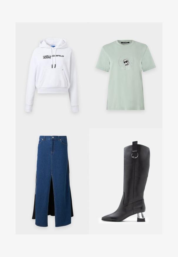 Hvid cropped hoodie med frontlomme, sorte snore og "KARL LAGERFELD JEANS"-logo tværs over brystet.; Lysegrøn bomulds T-shirt med en cirkulær grafik, der viser en figur med solbriller, fremhævet af små glitrende detaljer omkring.; Jeansnederdel med blå front og slidser, sort stof bagpå, samt standard talje med en metalknap og syninger.; Sorte læder knæhøje støvler med spids tå og krom blokhæl. Har en rem med en rund hardware accent øverst.