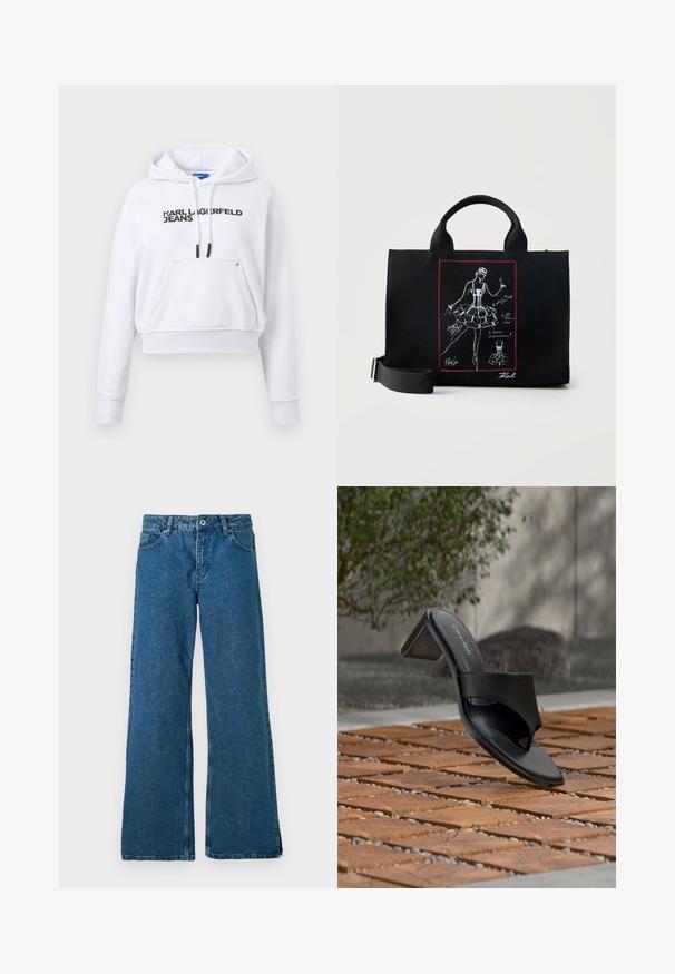 Sudadera blanca recortada con bolsillo frontal, cordones negros y logo "KARL LAGERFELD JEANS" en el pecho.; Jeans de mezclilla azul de pernera ancha con un diseño clásico de cinco bolsillos, que cuentan con un cierre frontal de botón y cremallera, y una sutil textura deslavada.; Sandalia de tacón negra de Calvin Klein con lazo en el dedo sobre un suelo de baldosas de madera al aire libre, cerca de un árbol y un muro de piedra.; Bolsa tote negra con asas cortas y correa ajustable, con un boceto blanco de una bailarina con tutú y notas manuscritas en un marco rojo.