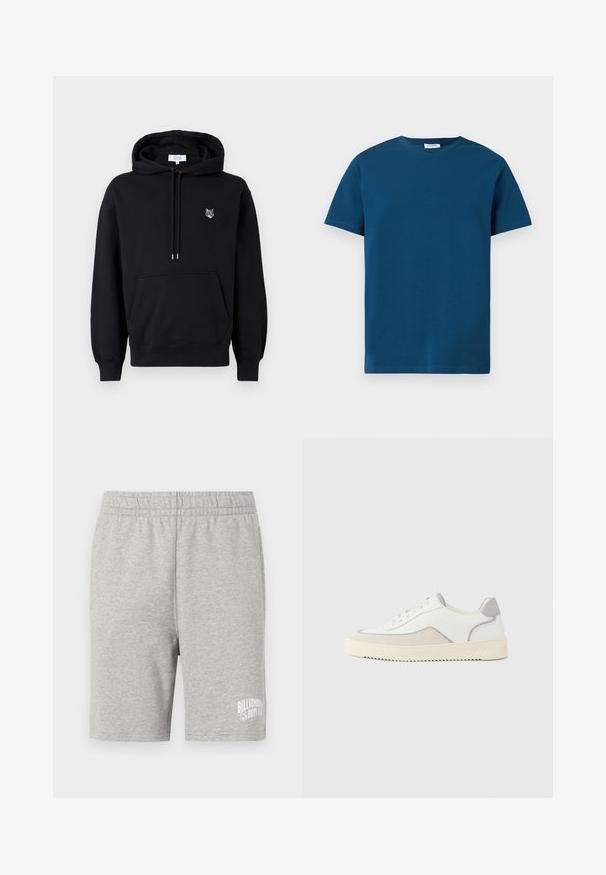 Sudadera negra con capucha, hecha de algodón, que cuenta con un bolsillo frontal y una pequeña cara de lobo bordada en el lado izquierdo del pecho. Incluye cordones ajustables.; Camiseta de cuello redondo de color azul oscuro, hecha de algodón suave, con mangas cortas y una textura simple y lisa, con un corte recto.; Pantalones cortos de algodón grises con una cinturilla elástica y un logo blanco en la parte inferior derecha. Textura suave, diseño a la altura de la rodilla.; Zapatillas deportivas blancas con parte superior de cuero liso, detalles en gamuza gris, costuras tono sobre tono y suela de goma texturizada color crema. Diseño minimalista.