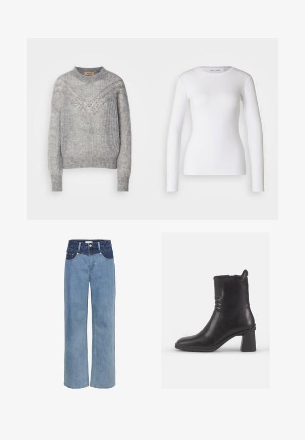 Lys grå strikket sweater med rund hals, der har et tekstureret mønster og små, dekorative huller i et chevron-design.; Hvid langærmet skjorte lavet af ribbet stof, med runde udskæring og tætsiddende pasform. Ingen mønstre eller accenter er til stede.; Lyseblå denim bukser med vid ben, højt liv, fem lommer og en kontrasterende mørkeblå lap foran.; Sort læder ankelstøvle med rund tå, teksturerede sidepaneler og en kraftig blokhæl. Glat overflade og minimalistisk design.