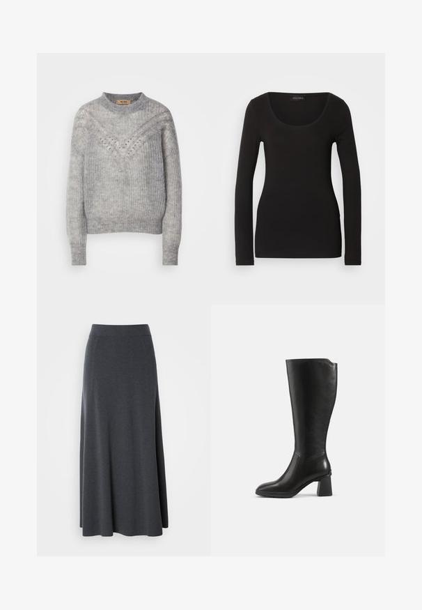 Lys grå strikket sweater med rund hals, der har et tekstureret mønster og små, dekorative huller i et chevron-design.; Sort langærmet top med en rund halsudskæring, lavet af blødt, strækbart stof. Har en tætsiddende pasform og glat tekstur. Brandlabel synlig.; Mørkegrå maxi-nederdel lavet af blødt, strækbart stof. Har en høj talje og en svævende design med diskrete sidesømme for form.; Sort knæhøj læderstøvle med blokhæl og rundet tå, vist fra siden på en ensfarvet baggrund.