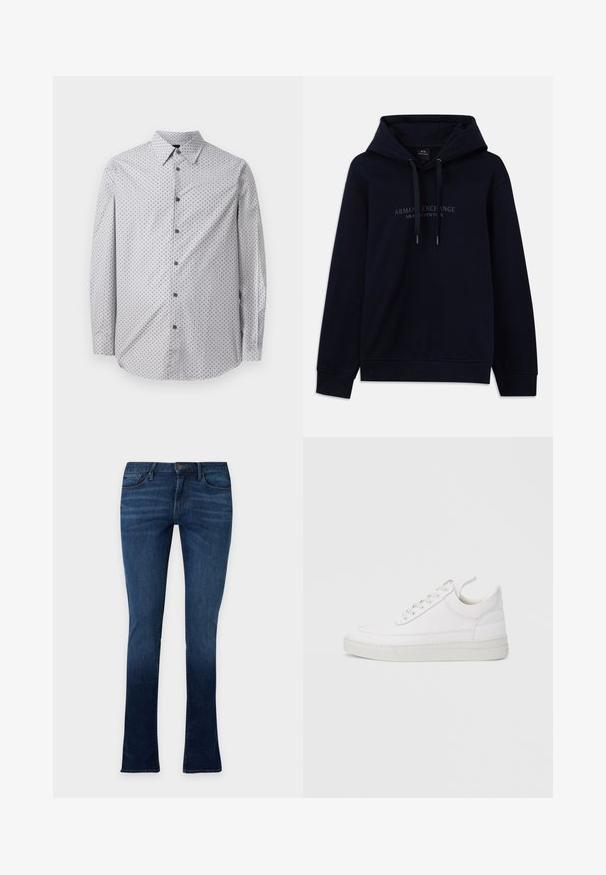 Marineblå hoodie med snoretræk og "Armani Exchange Milano / New York" trykt på brystet, med ribbede manchetter og kant.; Langærmet skjorte med knapper i lys grå med lille sort geometrisk mønster, standard krave og sorte knapper langs fronten.; Mørkeblå slim-fit jeans med let falmet look, fem lommer, knaplukning og bæltestropper, vist på en ensartet lys baggrund.; Hvid lædersneaker med rundet tå, flad sål og snørebånd foran. Har syningsdetaljer og polstret krave for komfort.