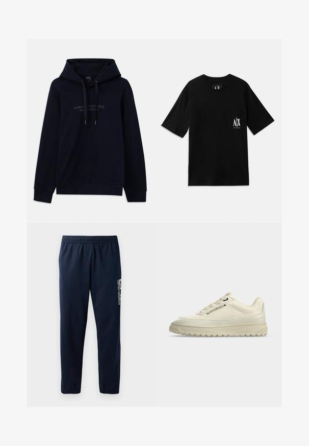 Sudadera azul marino con cordones y "Armani Exchange Milano / New York" impreso en el pecho, con puños y dobladillo de canalé.; Camiseta de manga corta negra de algodón, con un bolsillo en el lado izquierdo del pecho que lleva un logo impreso en blanco y un cuello redondo.; Pantalones de chándal azul marino con cintura elástica, piernas ajustadas y un logo blanco en el lateral. Tejido suave con una textura ligera.; Zapatilla beige de perfil bajo con suela texturizada, diseño con cordones y logo de Emporio Armani en el lateral.