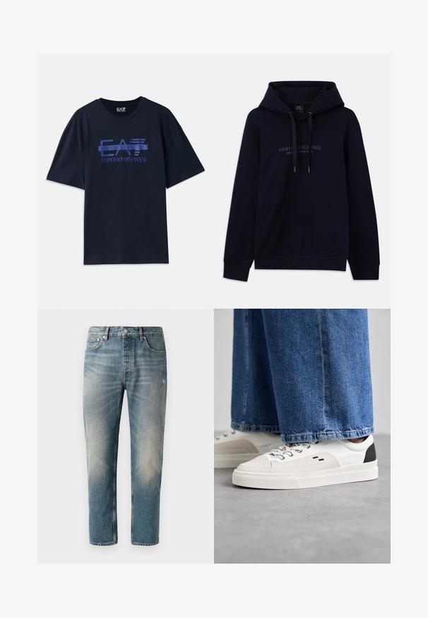 Navyblaue Kapuzenjacke mit Kordelzügen und dem Aufdruck "Armani Exchange Milano / New York" auf der Brust, mit gerippten Bündchen und Saum.; Navyblaues Baumwoll-T-Shirt mit lockerem Schnitt, das ein glänzendes EA7 Emporio Armani-Logo in Hellblau über der Brust zeigt.; Hellblaue Jeans aus Denim mit geradem Schnitt. Sie verfügen über einen Knopfverschluss, fünf Taschen und dezente Auswaschungen sowie Wischspuren an den Oberschenkeln.; Weiße und schwarze Sneaker mit einem Obermaterial aus glattem Leder, strukturierten Akzenten und einer massiven weißen Sohle. Verfügt über ein klassisches Schnürdesign.