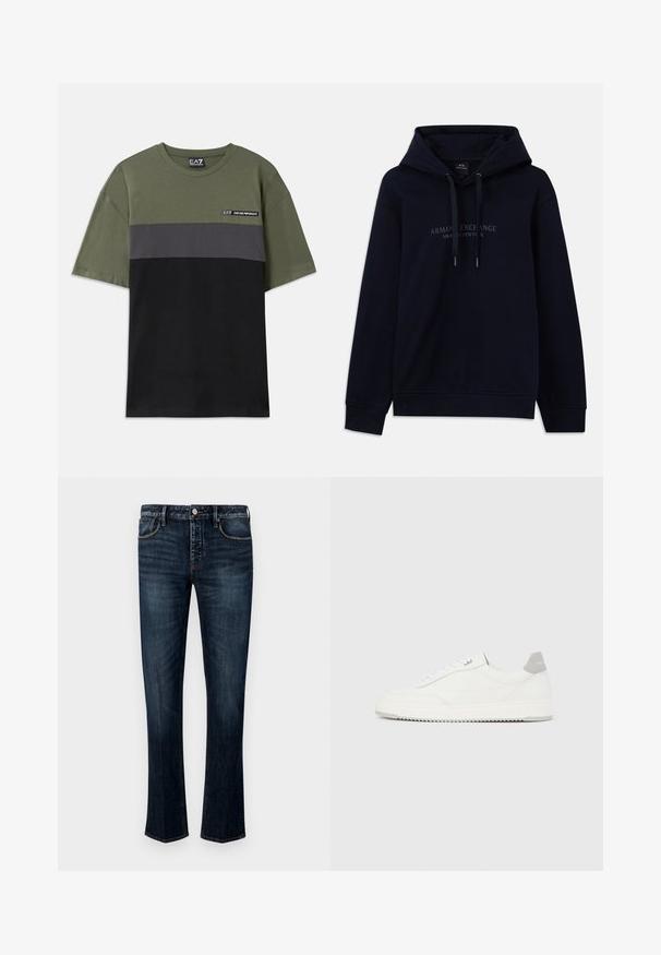 Sudadera azul marino con cordones y "Armani Exchange Milano / New York" impreso en el pecho, con puños y dobladillo de canalé.; Camiseta verde de manga corta con rayas horizontales grises y negras, cuello redondo y pequeño logo de EA7 en la parte superior izquierda del pecho.; Jeans de mezclilla azul oscuro con un diseño de pierna recta, que cuentan con un estilo de cinco bolsillos, costuras visibles y un cierre de botón y cremallera.; Zapatilla blanca de corte bajo con pestaña en el talón gris, cordones blancos y suela texturizada, presentada sobre un fondo claro y liso.
