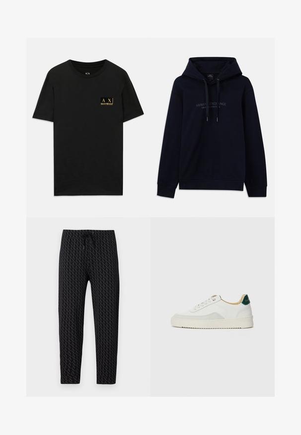 Navyblaue Kapuzenjacke mit Kordelzügen und dem Aufdruck "Armani Exchange Milano / New York" auf der Brust, mit gerippten Bündchen und Saum.; Schwarzes Baumwoll-T-Shirt mit Rundhalsausschnitt. Verfügt über ein kleines goldfarbenes Logo-Patch auf der linken Brust mit dem Text "AX Armani Exchange". Klassische Passform.; Armani Exchange AX LOGO SWEAT PANTS - Jogginghose - black; Weiße Sneaker mit Wildlederelementen, runder Zehenpartie, flachen Schnürsenkeln und einer cremefarbenen Gummisohle. Mit grünen Markenlogo am Fersenbereich.