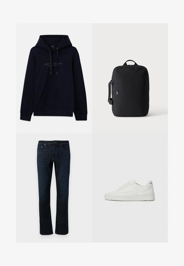 Navyblaue Kapuzenjacke mit Kordelzügen und dem Aufdruck "Armani Exchange Milano / New York" auf der Brust, mit gerippten Bündchen und Saum.; Dunkelblaue Denim-Jeans mit geradem Bein, ausgestattet mit einem klassischen Fünf-Taschen-Design und subtilen Steppdetails.; Weiße Ledersneaker mit glatter Oberfläche, runder Zehenpartie, flachen Schnürsenkeln und strukturiertem Sohlenprofil. Mit einem dezenten Logo an der Ferse.; Schwarze rechteckige Reisetasche mit oberen und seitlichen Griffen, minimalistischem Design und kleinem Logo vorne vor hellem, einfarbigem Hintergrund.