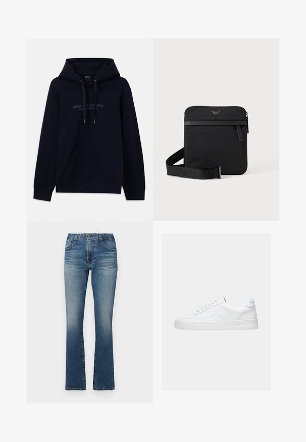 Námornícka modrá mikina s kapucňou a šnúrkami, na hrudi s potlačou "Armani Exchange Milano / New York", s rebrovanými manžetami a lemom.; Džínsy s rozšírenými nohavicami v stredne modrej farbe s vyblednutým povrchom, s klasickým dizajnom piatich vreciek a kovovými doplnkami.; Biela nízka teniska so šnurovacím dizajnom, hladkým koženým zvrškom a hrubou podrážkou, zobrazená z bočného pohľadu na jednoduchom pozadí.; Čierna štvorcová kabelka cez rameno so zipsom, predným vreckom a nastaviteľným popruhom s vyrazeným názvom značky.