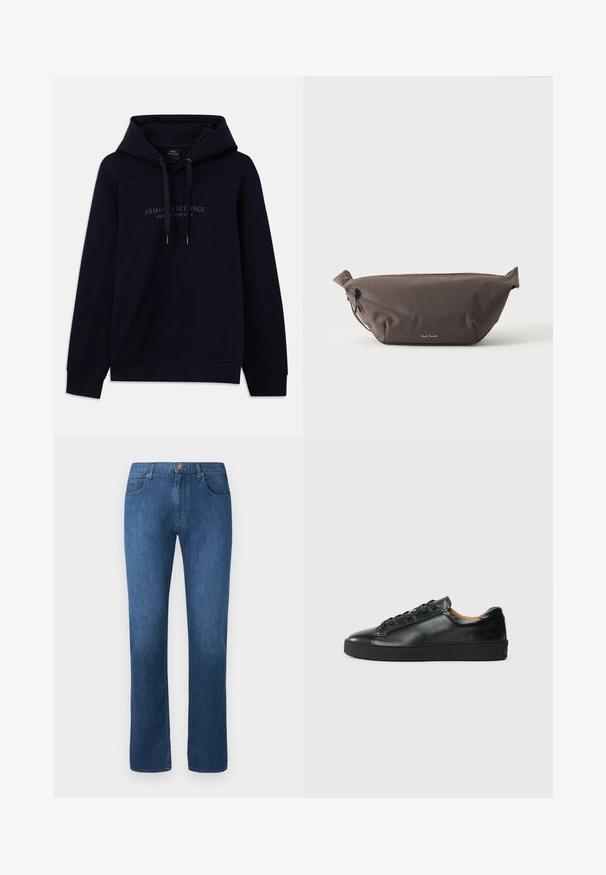 Námornícka modrá mikina s kapucňou a šnúrkami, na hrudi s potlačou "Armani Exchange Milano / New York", s rebrovanými manžetami a lemom.; Tmavomodré džínsy s rovnými nohavicami, piatimi vreckami a predným zapínaním na gombík. Hladká textúra a klasické švy.; Čierne kožené tenisky s hladkým povrchom, okrúhlou špičkou a šnúrkami. Majú hrubú gumenú podrážku a minimálne značkové detaily.; Tmavohnedá látková ľadvinka s diagonálnym zipsovým vreckom a malým bielym logom vpredu, na jednofarebnom svetlom pozadí.