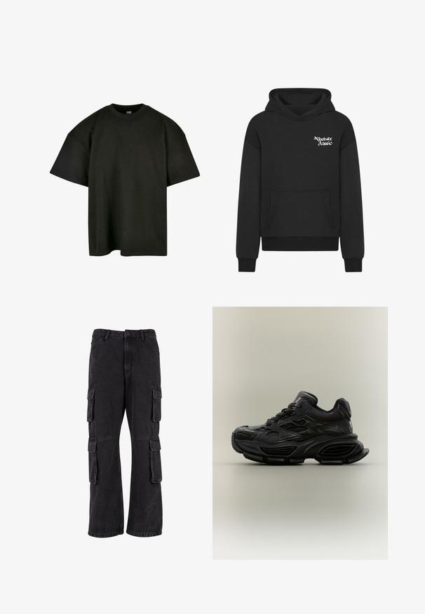 Sudadera con capucha negra y bolsillo frontal, con un logo blanco "Forever Classic" en el pecho. Fabricada con un tejido suave y texturizado.; Camiseta negra de corte oversized en suave algodón. Presenta un cuello redondo y mangas cortas, con una textura suave y un diseño minimalista.; Pantalones cargo negros de mezclilla, con un corte holgado, múltiples bolsillos laterales y detalles de costura. La textura está ligeramente descolorida.; Zapatilla deportiva negra y gruesa con diseño texturizado, suela gruesa y cierre de cordones mostrada sobre un fondo neutro y sencillo.