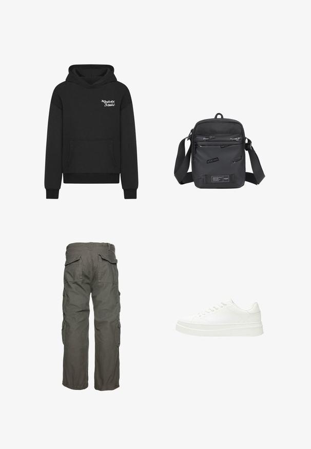 Sweat-shirt noir à capuche avec une poche avant, arborant un logo blanc "Forever Classic" sur la poitrine. Fabriqué en tissu doux et texturé.; Pantalons cargo en vert olive, avec de multiples poches latérales, une coupe décontractée et des poignets ajustables pour un maintien sûr. Tissu en coton durable.; Baskets blanches avec une tige en cuir lisse, des lacets plats et une semelle en caoutchouc épaisse. Le design minimaliste présente des coutures discrètes et des accents sans couture.; Sac bandoulière noir en matériau durable, avec un panneau avant texturé portant des logos en relief, une bandoulière ajustable et des compartiments zippés.