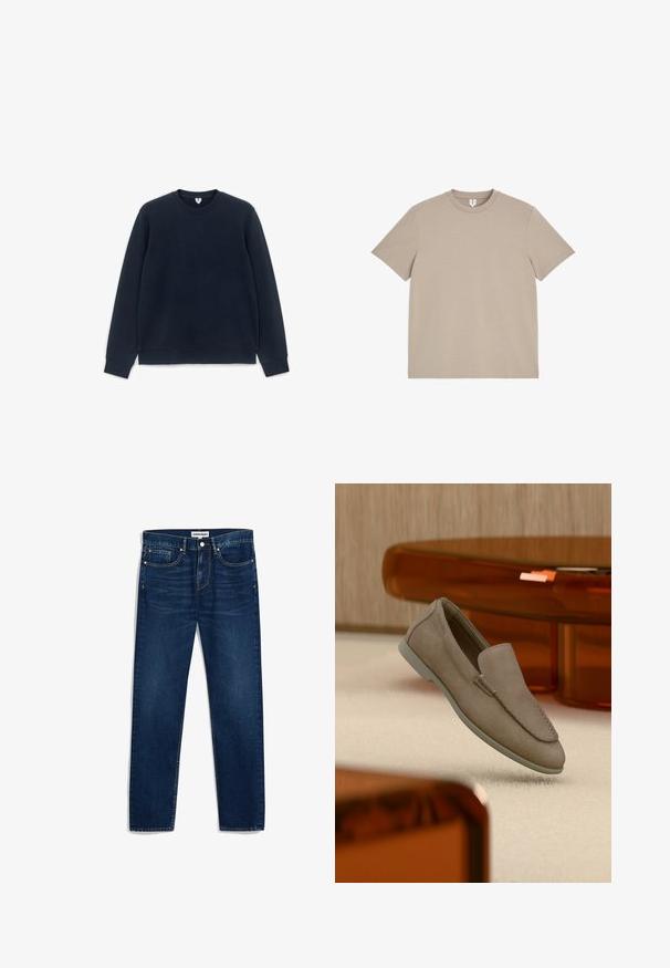 Einfaches schwarzes Sweatshirt mit langen Ärmeln und Rundhalsausschnitt, mit gerippten Bündchen und Saum, auf weißem Hintergrund präsentiert.; Beiges Baumwoll-T-Shirt mit kurzen Ärmeln und Rundhalsausschnitt, flach auf weißem Hintergrund liegend, Vorderseite sichtbar.; Dunkelblaue Jeans aus Denim mit geradem Schnitt, fünf Taschen und Kontrastnähten. Mit Knopfverschluss und Reißverschluss.; Beiger Wildleder-Slipper mit sichtbarer Naht und heller Sohle, auf einem cremefarbenen Teppich platziert, mit orange-transparenten Möbeln im Hintergrund.