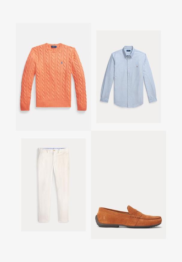 Oranje kabelgebreide trui met lange mouwen, ronde hals, geribbelde manchetten en zoom, met een klein blauw Polo Ralph Lauren-logo op de borst.; Lichtblauw overhemd met lange mouwen, witte verticale strepen en een klein geborduurd Polo Ralph Lauren-logo op de borst.; Slim-fit herensbroek in off-white met voorzakken, riemlussen en een knoopsluiting op een effen achtergrond.; Bruine suède herensloffen met stikseldetails, een gleuf voor munten op het bovenwerk en een donkere rubberen zool.