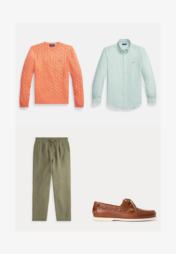 Oranžový sveter s dlhým rukávom a priadzou v pletenom vzore, s okrúhlym výstrihom, rebrovanými manžetami a lemom, s malým modrým logom Polo Ralph Lauren na hrudi.; Svetlozelená košeľa na zapínanie s vertikálnymi bielymi pruhmi, špicatým golierom a malým vyšívaným logom na hrudi.; Svetlo olivovo zelené bežné nohavice s elastickým pásom a šnúrkou, so bočnými vreckami a voľným strihom rovnými nohavicami.; Hnedá kožená lodná obuv s bielou podrážkou, šnúrka zviazaná na vrchu a kovové oko pozdĺž strán a predného švu.