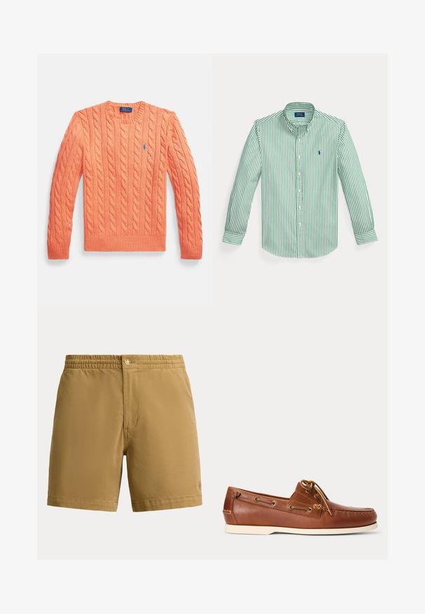Orangenes Strickpullover mit langen Ärmeln und Rundhalsausschnitt, mit gerippten Bündchen und Saum, versehen mit einem kleinen blauen Polo Ralph Lauren Logo auf der Brust.; Langärmeliges Hemd mit grünen vertikalen Streifen, einem Button-Down-Kragen und einem kleinen blauen Logo auf der linken Brust.; Helle Herren-Shorts mit elastischem Bund und Knopfverschluss, schlichtes Design, mittellange Oberschenkellänge, aus glattem Stoff hergestellt.; Brauner Leder-Bootsschuh mit weißer Sohle, oben geschnürte Schnürsenkel und Metallösen entlang der Seiten und der vorderen Naht.