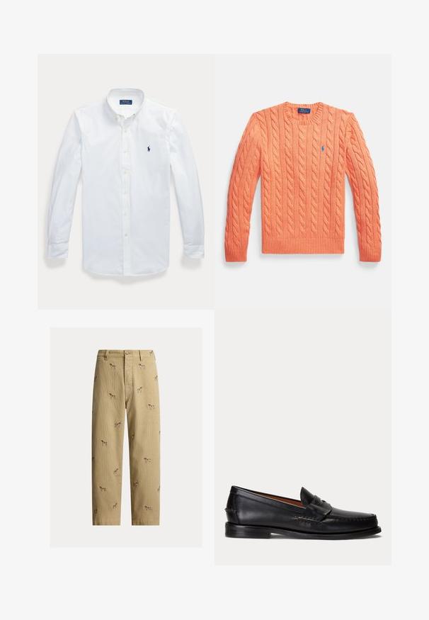 Oranje kabelgebreide trui met lange mouwen, ronde hals, geribbelde manchetten en zoom, met een klein blauw Polo Ralph Lauren-logo op de borst.; Wit overhemd met lange mouwen en knopen, met kraag, Polo Ralph Lauren-logo geborduurd op de linkerborst.; Beige ribfluwelen broek met geborduurde hondendesigns, rechte pijp, en vijfzakkenstijl met een knoopsluiting aan de voorkant.; Zwarte leren loafer met lage hak en penny-strap detail, van opzij getoond op een lichtgrijze achtergrond.