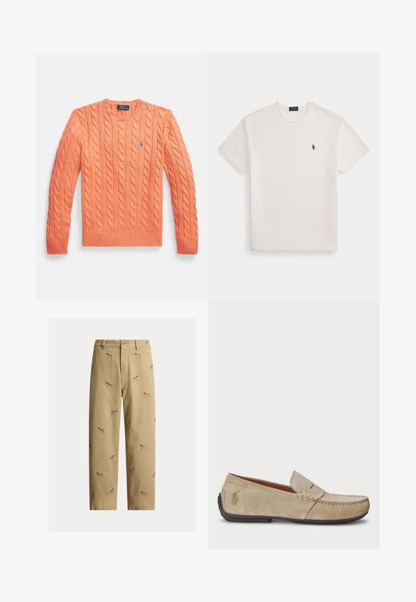 Oranje kabelgebreide trui met lange mouwen, ronde hals, geribbelde manchetten en zoom, met een klein blauw Polo Ralph Lauren-logo op de borst.; Witte T-shirt met korte mouwen en ronde hals met een klein marineblauw polo-spelerlogo op de linkerborst.; Beige ribfluwelen broek met geborduurde hondendesigns, rechte pijp, en vijfzakkenstijl met een knoopsluiting aan de voorkant.; Beige suède instappers met een gestikt detail, platte rubberen zool en een klein logo aan de zijkant. Klassiek instapontwerp, zachte textuur.