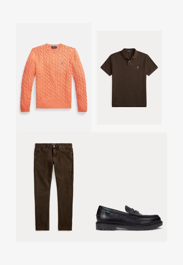 Oranžový sveter s dlhým rukávom a priadzou v pletenom vzore, s okrúhlym výstrihom, rebrovanými manžetami a lemom, s malým modrým logom Polo Ralph Lauren na hrudi.; Tmavohnedé polokošeľa s krátkym rukávom, golierom, placketom na dva gombíky a malým žltým vyšúchaným logom Polo Ralph Lauren na hrudi.; Úzke tmavohnedé džínsy s piatimi vreckami, zapínaním na gombík a zips a s viditeľnými štítkami značky Polo na páse a prednom vrecku.; Čierny kožený mokasín s hrubou drsnou podrážkou a malou zelenou značkou "Polo" na vonkajšej strane pri päte.