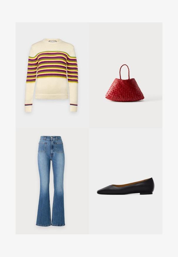 Cremefarvet sweater med horisontale striber i rød, grøn, gul og blå. Har en rund halsudskæring og ribbede manchetter. Strikket tekstur.; Bredde blå denim jeans med høj talje, der har to baglommer og en falmet vask. Nederkanten er syet med et subtilt design.; Sort læder flad sko med spids tå, lav hæl og glat finish, vist fra siden på en lysegrå baggrund.; Rød vævet lædertaske med en rundet, trekantet form og to flettede håndtag på hvid baggrund.