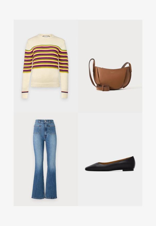 Cremefarvet sweater med horisontale striber i rød, grøn, gul og blå. Har en rund halsudskæring og ribbede manchetter. Strikket tekstur.; Bredde blå denim jeans med høj talje, der har to baglommer og en falmet vask. Nederkanten er syet med et subtilt design.; Sort læder flad sko med spids tå, lav hæl og glat finish, vist fra siden på en lysegrå baggrund.; Brun læder crossbody-taske med buet form, justerbar rem og minimal guldpræget brandlogo foran mod en ensfarvet baggrund.