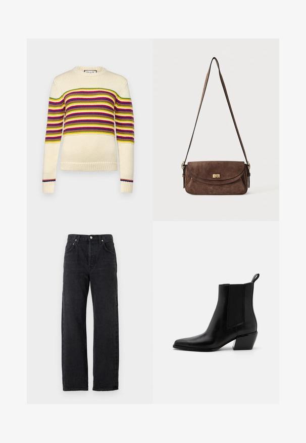 Cremefarvet sweater med horisontale striber i rød, grøn, gul og blå. Har en rund halsudskæring og ribbede manchetter. Strikket tekstur.; Sorte denim jeans med lige ben, med en høj talje, fem lommer og metalliske knapper. Glat, let struktureret stof.; Sorte læder ankelstøvler med spidse tæer, elastiske sidepaneler og en lav blokhæl. Har en pull-tab ved hælen for nem påtagning.; Brun ruskind skuldertaske med en lang, justerbar strop og en guldfarvet drejelås på frontklappen.