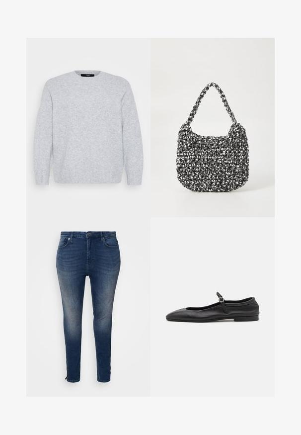 Vero Moda Curve Knitted VMCBOOM Knitted - Džemper - light grey melange; Tumed denim teksad, sobiva disainiga, viie tasku, kontrastses õmbluses ja lukuga detailiga sääreosas.; Mustast nahast ballerina kingad ümara nina, kitsas vamp ja väike pahkluu rihm ringikujulise prilliga. Madal, tasane tall.; Mustri kott musta ja valgega, ümar kuju, tekstureeritud pind ja punutud käepide. Sobib igapäevaseks kasutamiseks.
