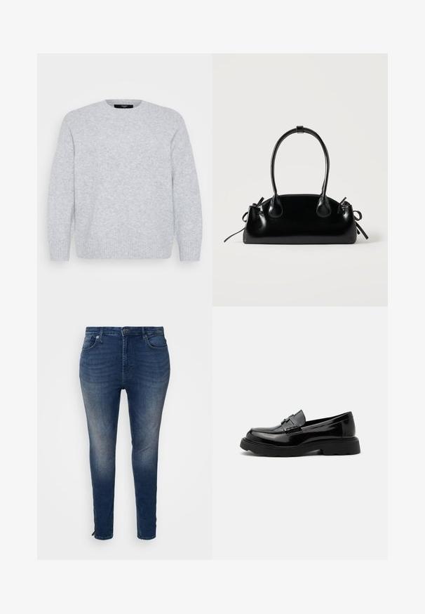 Vero Moda Curve Knitted VMCBOOM Knitted - Džemper - light grey melange; Tumed denim teksad, sobiva disainiga, viie tasku, kontrastses õmbluses ja lukuga detailiga sääreosas.; Mustast läikivast nahast loafer, millel on robustne tald ja dekoratiivne rihm ülevalt, helehallil ühtlasel taustal.; Väike must läikiv käekott kahe pika sangaga ja külgedel paelakinnitustega, ühel lihtsal helel taustal.