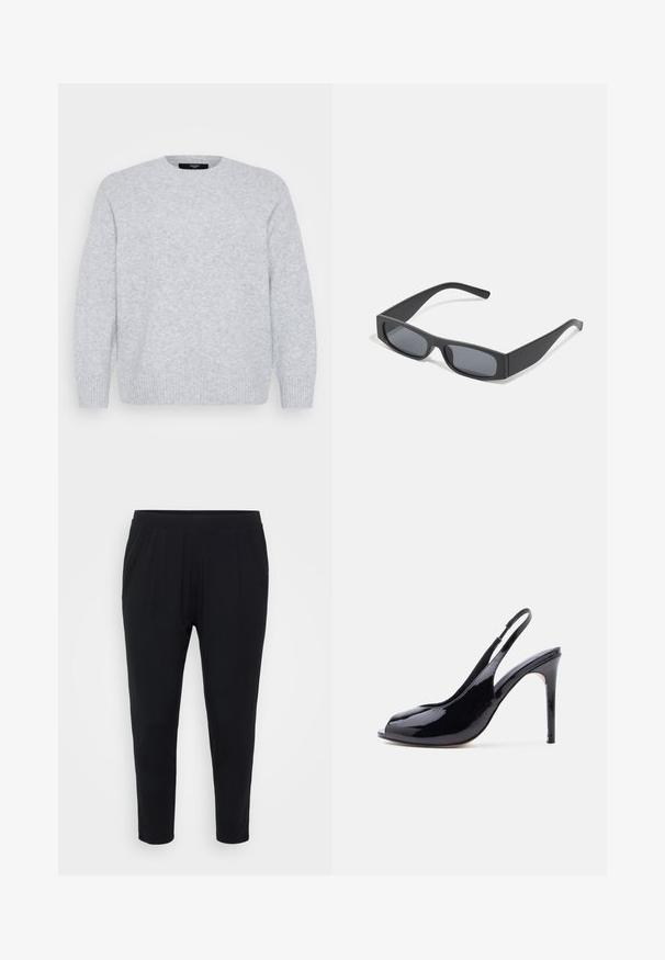 Vero Moda Curve Knitted VMCBOOM Knitted - Svetrík - light grey melange; Čierne nohavice s voľným strihom, elastickým pásom a jemnými skladačkami. Vyrobené z mäkkej textílie, s priliehavými nohavicami a bez vreciek.; Čierna lodička na vysokom podpätku z lakovanej kože s otvorenou špičkou a tenkým ihličkovým podpätkom na bielom pozadí.; Čierne obdĺžnikové slnečné okuliare s tmavými sklami a hrubými matnými rámami. Ramena sú mierne zúžené s hladkým povrchom.