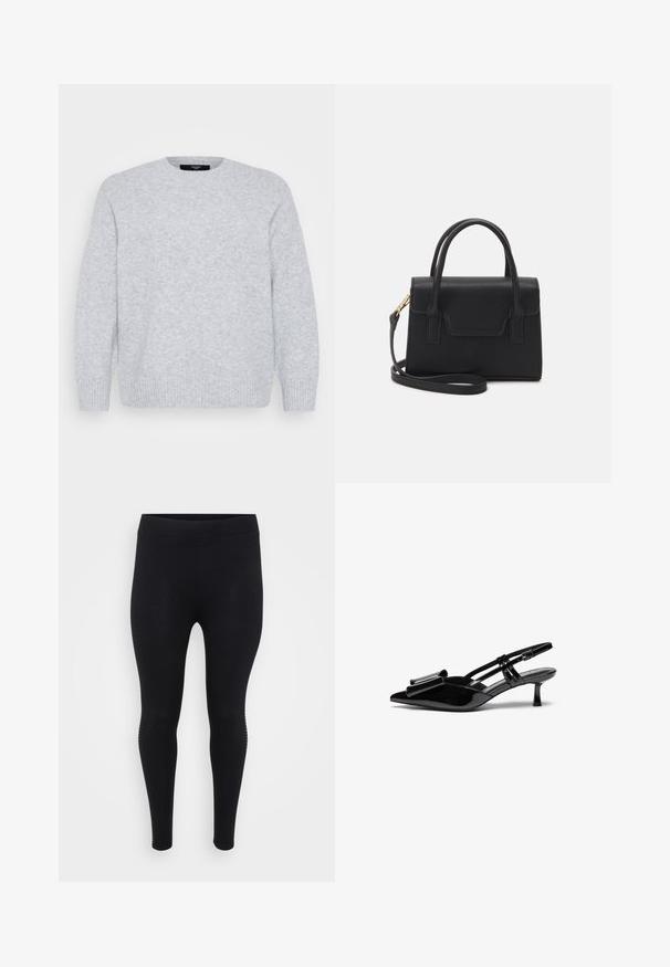 Vero Moda Curve Knitted VMCBOOM Knitted - Striktrøje - light grey melange; Sorte leggings med en glat tekstur, høj talje og en tætsiddende form. Har subtile sidelayout langs sømmen.; Sorte patenterede læderslingbacks med spids tå, en sløjfedetalje foran og en lille stilettohæle. Remmene har justerbare spænder.; Sort struktureret håndtaske lavet af læder med et topgreb, aftagelig skulderrem og detalje med frontklap. Guldhardware accenter.