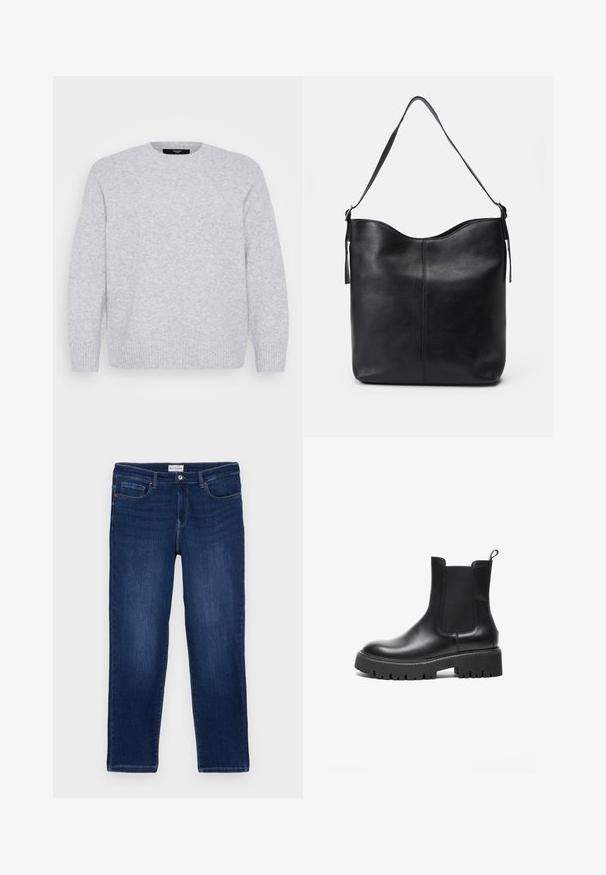 Vero Moda Curve Knitted VMCBOOM Knitted - Neule - light grey melange; Tummansiniset denim-farkut suoran leikkauksen, viisi-taskuisen suunnittelun, näkyvien ompelujen ja metallinappikiinnityksen kanssa vyötäröllä.; Musta nahkainen Chelsea-saapas, jossa on joustavat sivupaneelit, pyöreä kärki, tukeva kumipohja ja vetoketju kantapäässä.; Mustakko nahkainen olkalaukku, jossa on sileä pinta, pyöristetty yläosa, yksi hihna ja minimalistinen muotoilu ilman näkyvää metalliosaa.