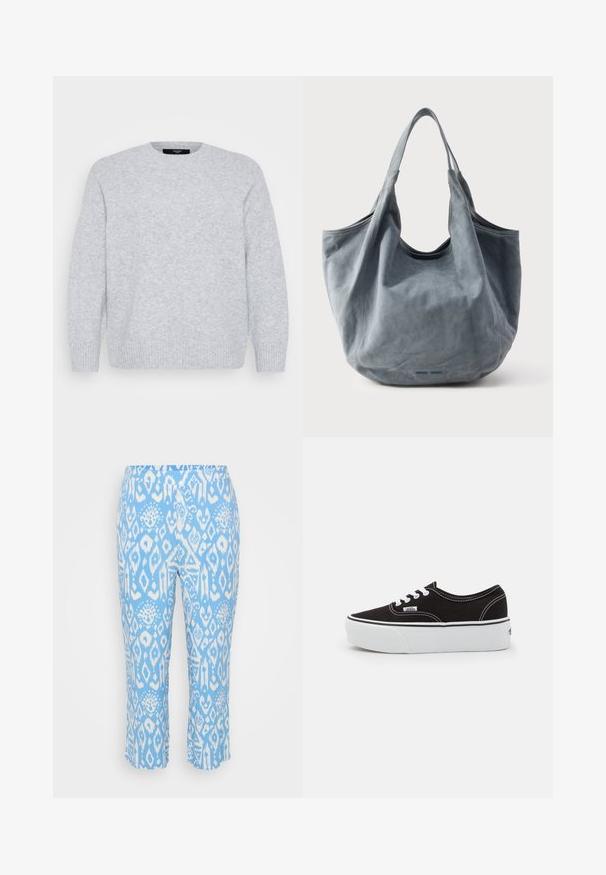 Vero Moda Curve Knitted VMCBOOM Knitted - Džemper - light grey melange; Heledadsinine capri püksid, millel on valge geomeetriline Muster. Valmistatud pehmest ja venivast kangast, millel on elastne vöökoht.; Must musta tennis jalanõud valge kummi platvormi tallaga, valgete paelte ja õmblustega, ikoonilise kaubamärgiga küljes, madala lõikega disain.; Pehmeast hallist seemisnahast käekott avatud ülaosaga, struktureeritud siluetiga ja kahe kaarekujuga sangaga. Omadusteks on õmblusteta viimistlus ja sile tekstuur.