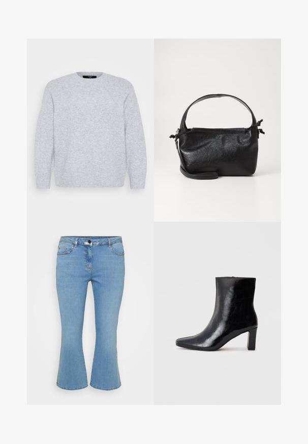 Vero Moda Curve Knitted VMCBOOM Knitted - Strickpullover - light grey melange; Hellblaue Denim-Bootcut-Jeans mit einem Fünf-Taschen-Design, ausgestattet mit einem Knopfverschluss und kontrastierenden Nähten entlang der Nähte.; Schwarze Knöchelstiefel aus glänzendem Leder mit spitzem Zustand und mittelhohem Blockabsatz, mit glatter Textur und einfachem Design.; Schwarze Lederhandtasche mit strukturiertem Design, rundem Haltegriff und abnehmbarem Schulterriemen. Sie weist eine glatte Oberfläche und einen subtilen Glanz auf.